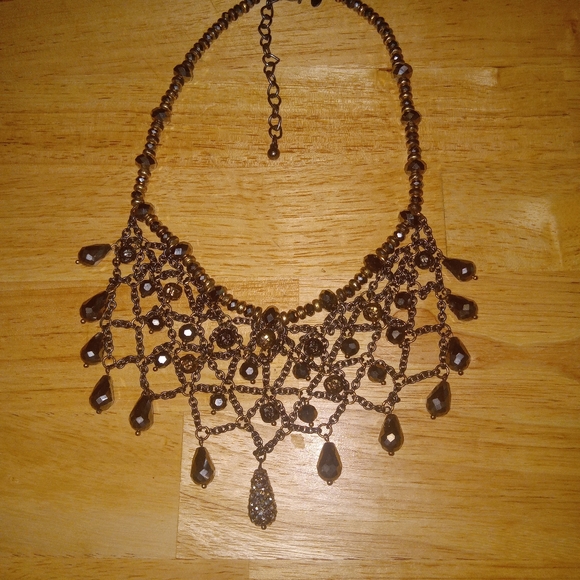 Vintage Chico's BoHo Bibb Necklace style Gold silver brown glass mix metals bead - Picture 14 of 16